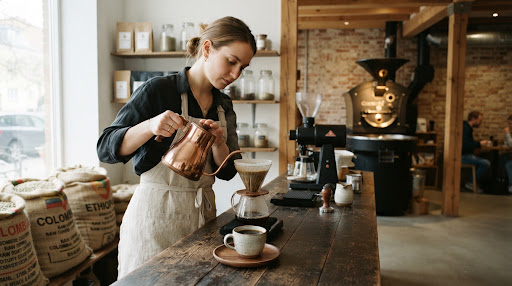 Barista profesional realizando vertido lento de agua con tetera de cobre en filtro V60 en Café Monteverde