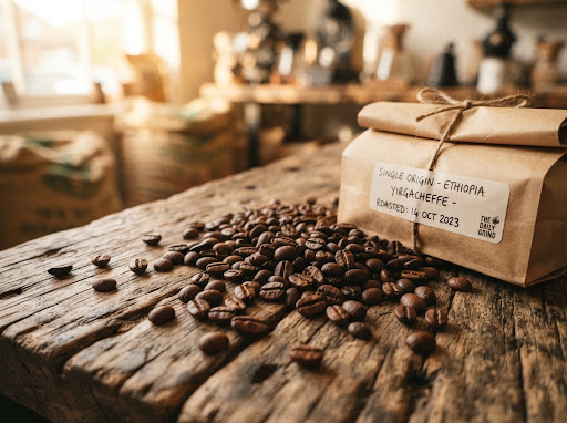 Bolsa de papel kraft de café de especialidad de origen Etiopía Yirgacheffe sobre mesa de madera rústica rodeada de granos tostados