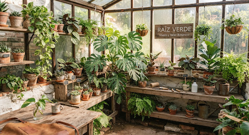 Invernadero luminoso con monsteras, potos y calatheas sobre mesas de madera